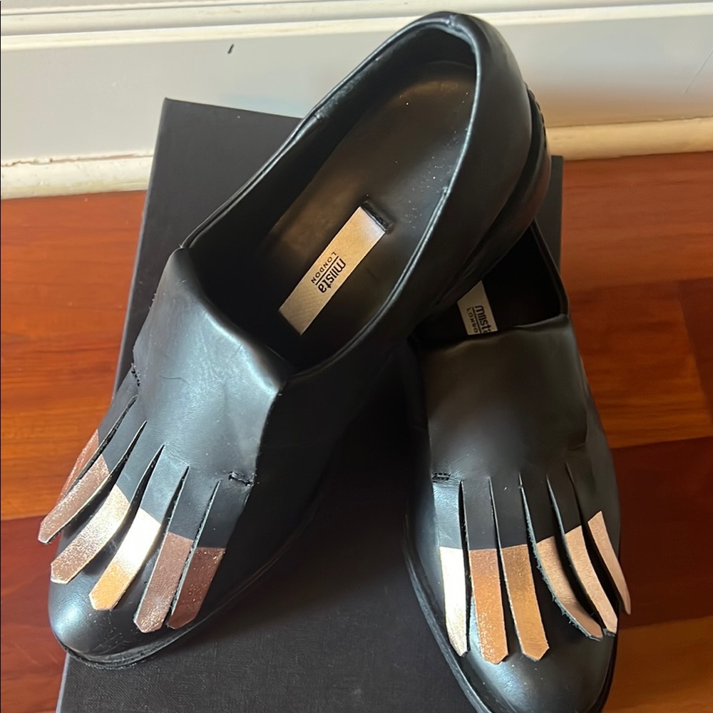 Miista Black and Rose Gold fringe Oxford Women's Shoes - Picture 2 of 3